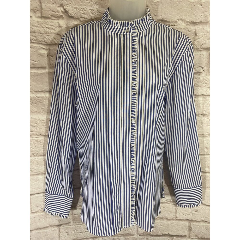 MNG Mango Poplin Striped Ruffled Button Down Shirt Long Sleeve Womens Medium 6